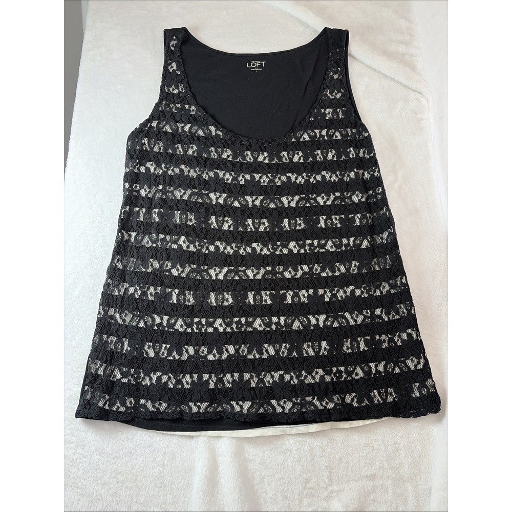 Ann Taylor LOFT Top Womens L Black Stripe Sleeveless Lace Overlay Whimsigoth Vtg